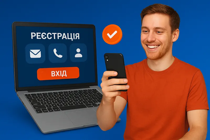 Гравець усміхається, тримаючи смартфон, поруч ноутбук з екраном реєстрації на Mostbet.
