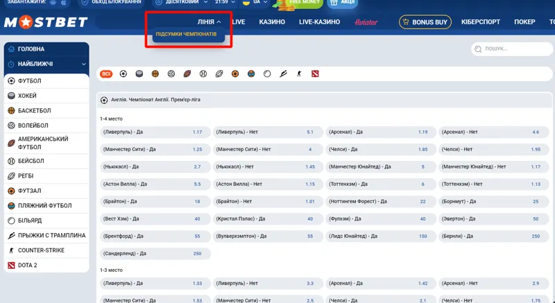 Список футбольних матчів у застосунку Mostbet — від топових до локальних, з коефіцієнтами