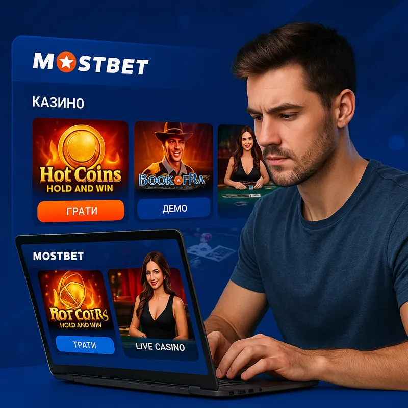 Гравець за ноутбуком вибирає гру в онлайн-казино Mostbet.