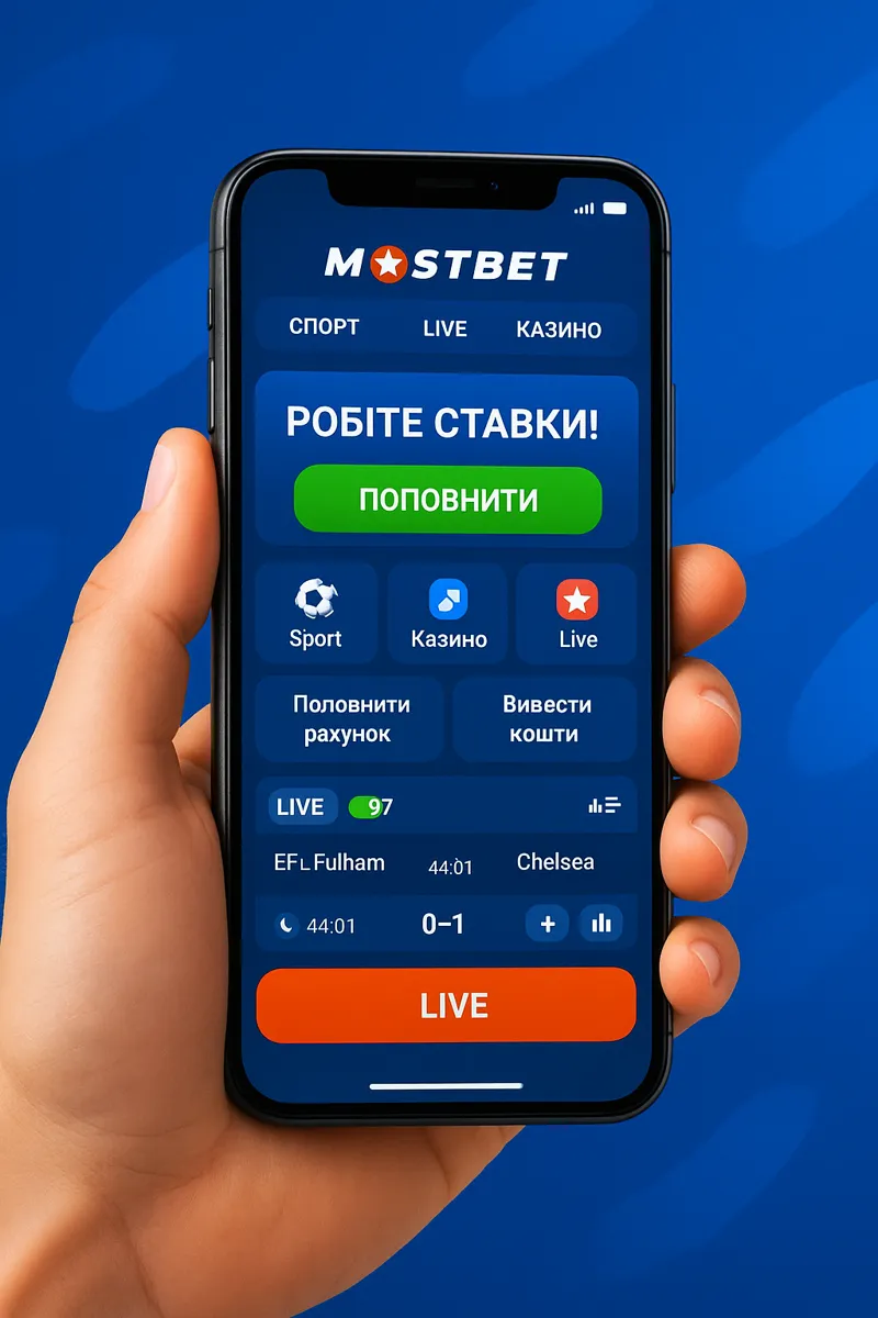 Смартфон із відкритим застосунком Mostbet у руці користувача.