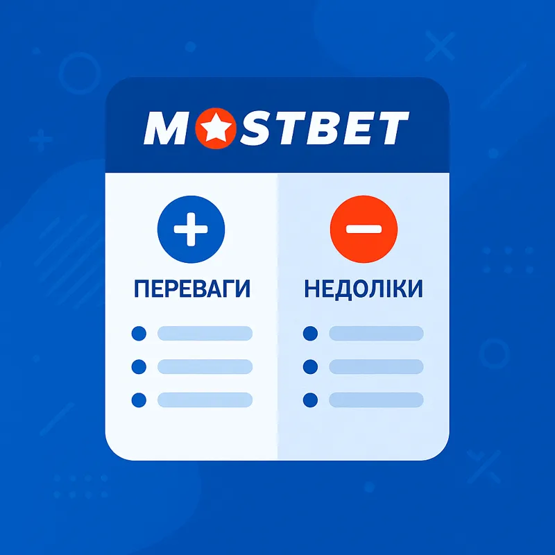 Порівняння переваг і недоліків платформи Mostbet у вигляді списку з іконками