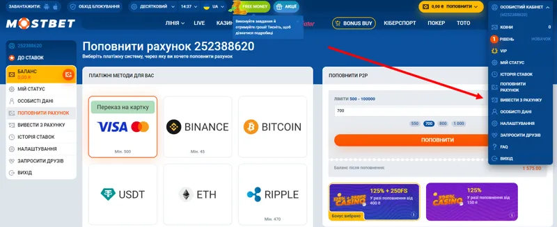 Виведення коштів з меню сайту